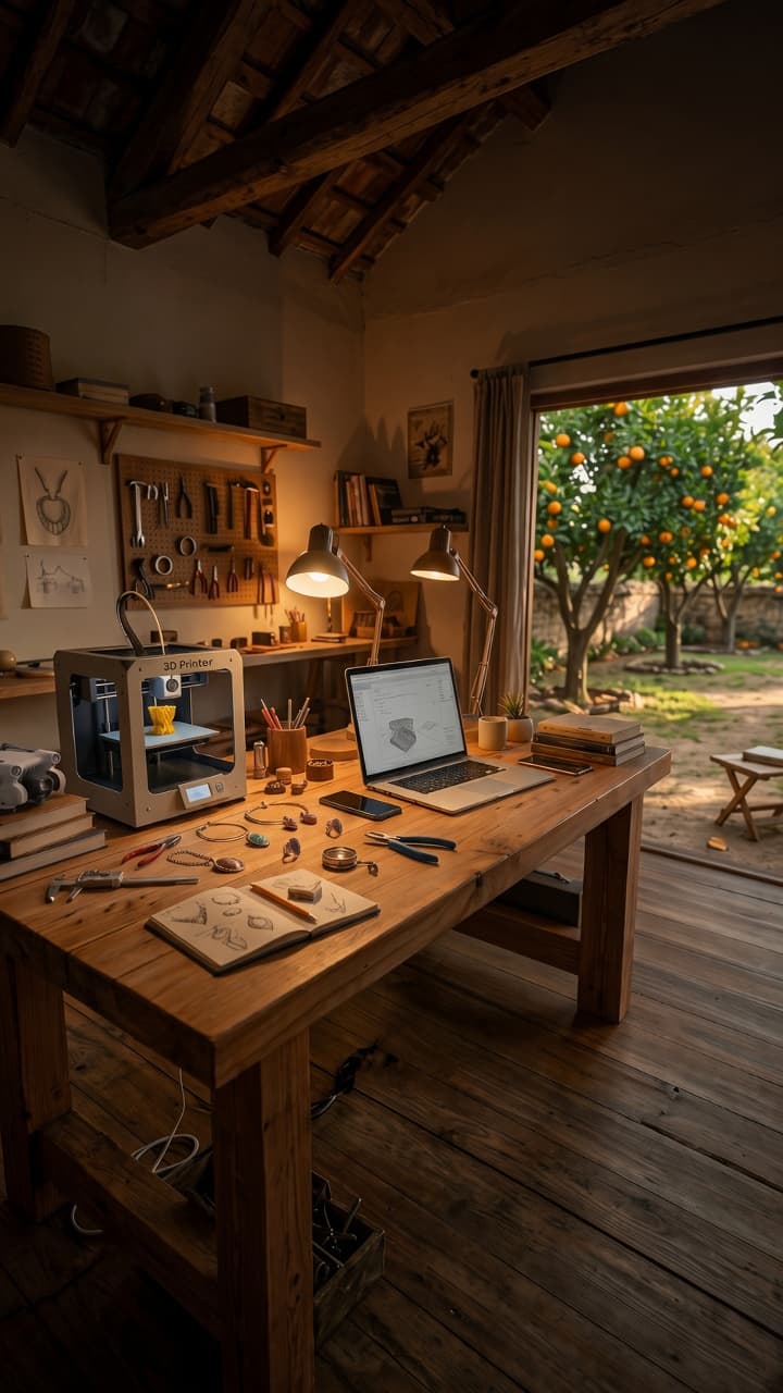 A wooden work table with a 3D printer, drone, computer, jewelry, a sketchbook, and books; an orange grove through the open door.