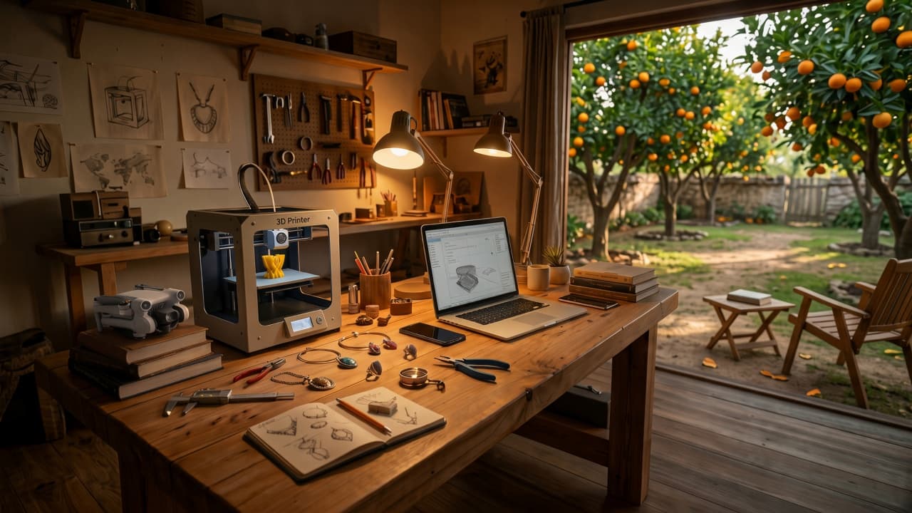 A wooden work table with a 3D printer, drone, computer, jewelry, a sketchbook, and books; an orange grove through the open door.